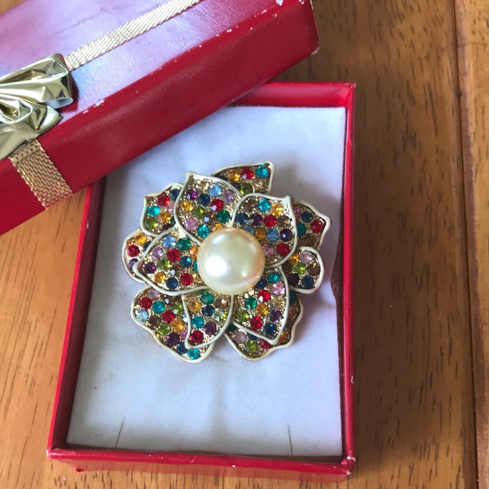 Antique Bridgerton multicolored crystal brooch